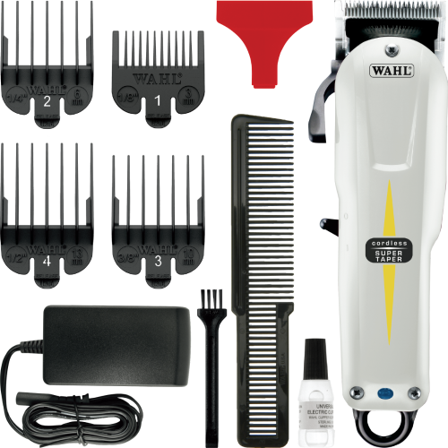Pełny zestaw Wahl Super Taper Cordless 8591 z nasadkami, zasilaczem i akcesoriami.