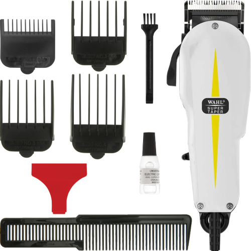 Kompletny zestaw Wahl Super Taper 8466 z 4 nasadkami, grzebieniem i akcesoriami.