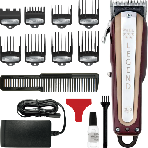 Pełny zestaw fryzjerski Wahl Legend Cordless 5 Star z ładowarką i akcesoriami konserwacyjnymi.