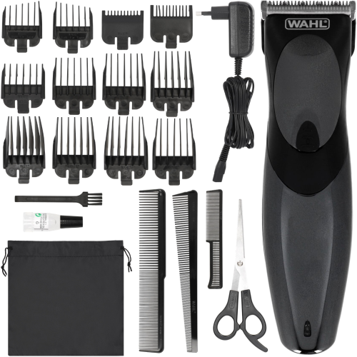 Pełny komplet akcesoriów fryzjerskich wraz z maszynką Wahl 9639-816 Haircut &amp; Beard w etui.