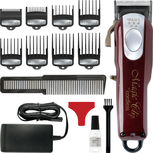 Pełny zestaw fryzjerski Wahl Magic Clip Cordless 5 Star Made in USA z ładowarką i akcesoriami konserwacyjnymi.