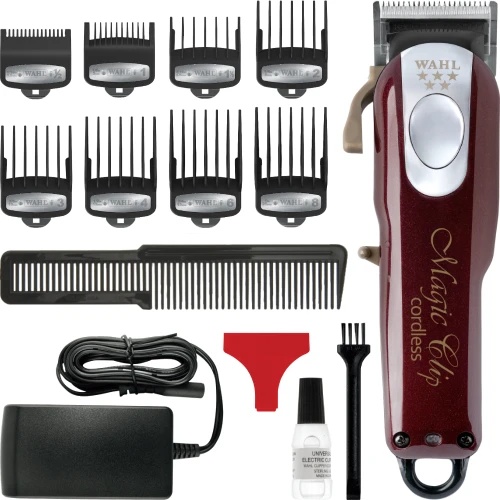 Profesjonalna maszynka bezprzewodowa Wahl Magic Clip Cordless w bordowo-srebrnej obudowie.