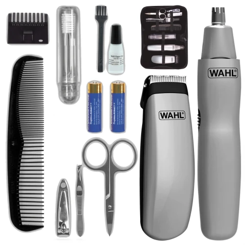 Kompaktowy rozmiar wszystkich urządzeń i akcesoriów w męskim zestawie Wahl 9962-1816 Travel Kit.
